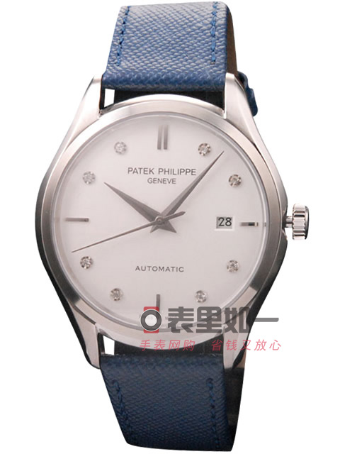 百達翡麗Patek Philipp 古典錶系列自動機械男士手錶 白色錶盤 藍色牛皮錶帶