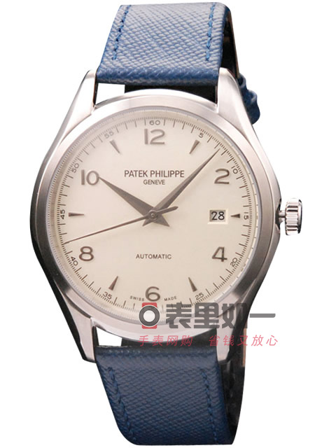 百達翡麗Patek Philipp 古典錶系列自動機械男士手錶 白色錶盤 藍色牛皮錶帶