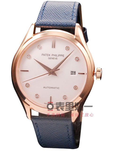 百達翡麗Patek Philipp 古典錶系列自動機械男士手錶 玫瑰金錶殼 白色錶盤 藍色牛皮錶帶
