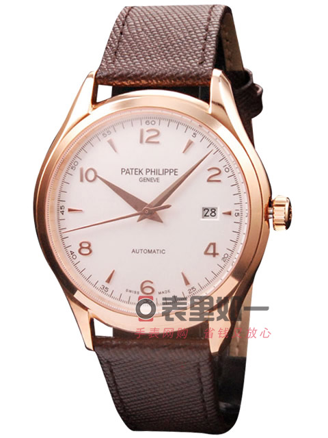百達翡麗Patek Philipp 古典錶系列自動機械男士手錶 玫瑰金錶殼 白色錶盤 棕色牛皮錶帶