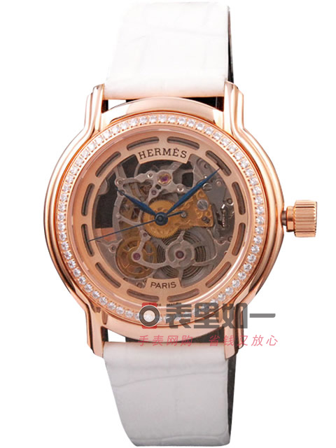 愛馬仕Hermes 時尚鏤空自動機械腕錶 玫瑰金錶殼 鑲鉆錶圈