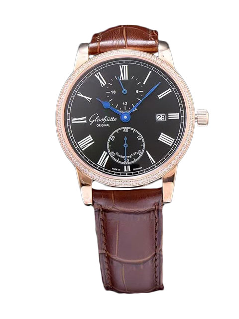 高仿格拉蘇蒂原創手錶- Glashütte Original 精髓系列1-58-01-01-01-04黑盤鑲鉆腕錶