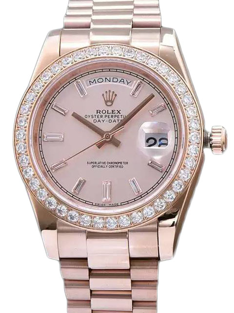 高仿ROLEX勞力士星期日歷型系列218398-83218 鑲鉆時標香檳色腕錶