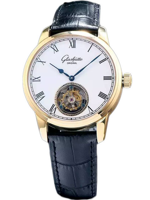 高仿格拉蘇蒂原創手錶-Glashütte Original 參議員系列94-11-01-01-04黃金色陀飛輪腕錶