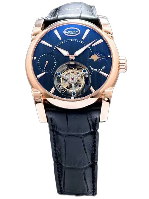 高仿帕瑪強尼手錶-Parmigiani Fleurier Tonda Tourbillon系列玫瑰金黑盤星月相陀飛輪手錶